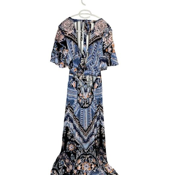 Free People Coco Printed Maxi Dress Blue Black Open Back Small - Picture 7 of 15